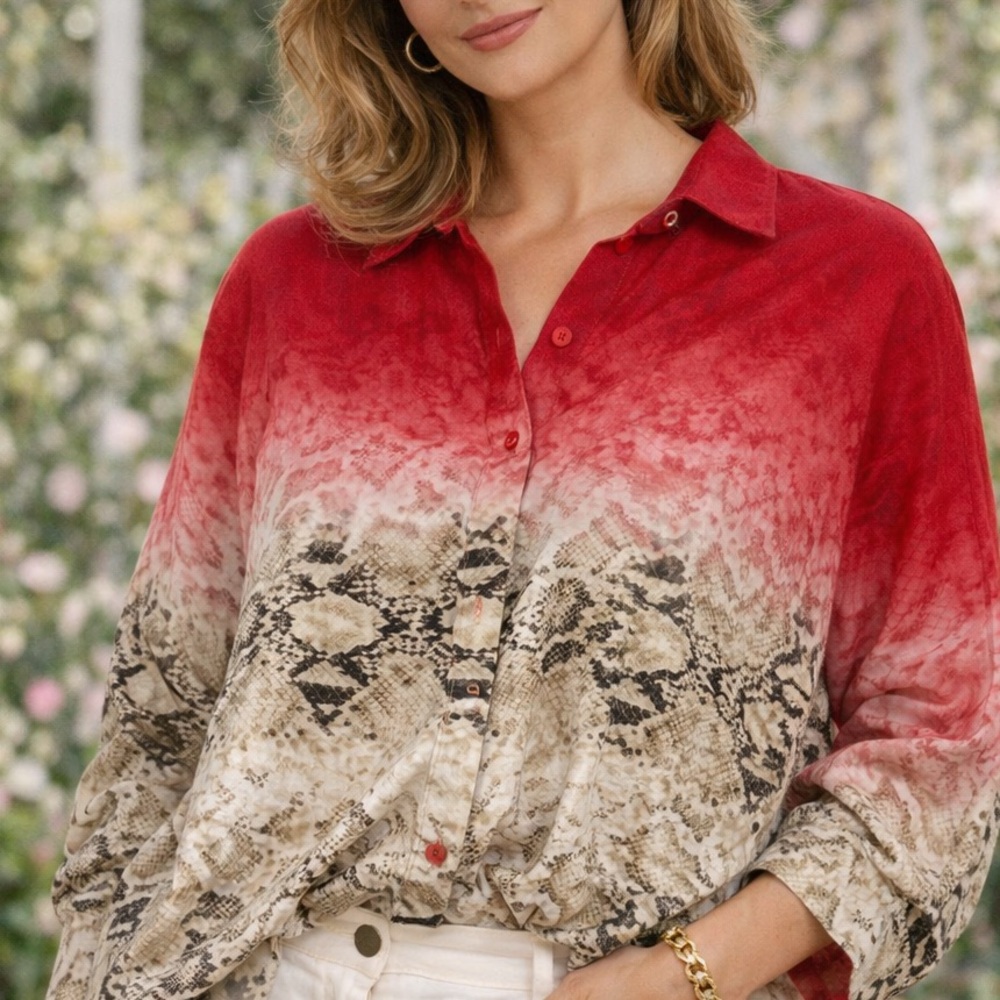 Red Ombre Snake-Print Button-Up Women's Blouse